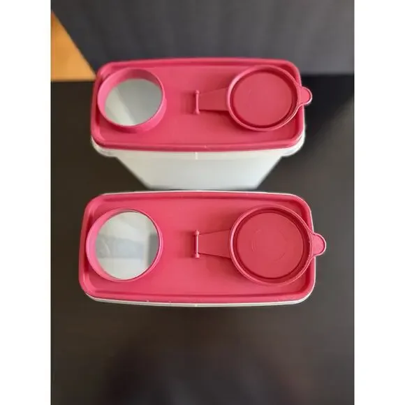 Vintage Tupperware Pour All Set 2 Raspberry Pink Lids Cereal Flour Storage - Picture 3 of 6